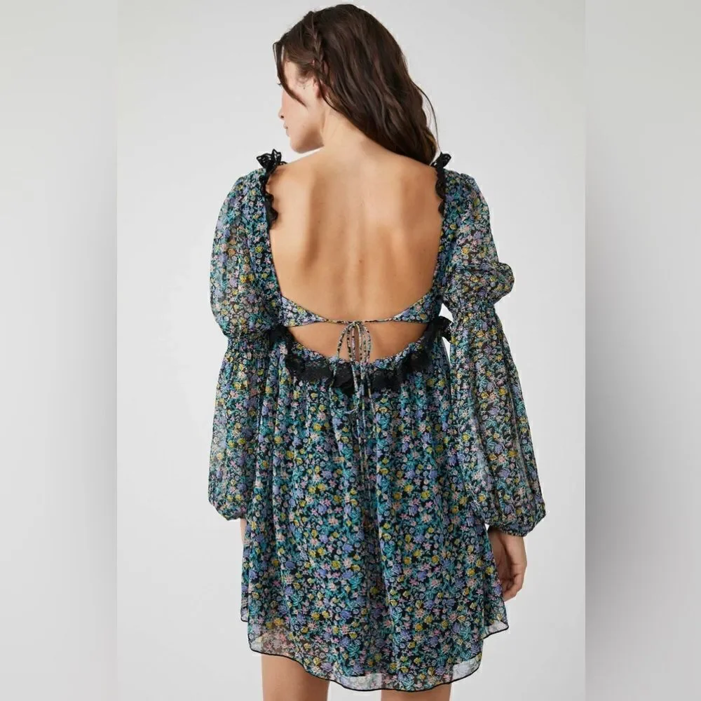 New Free People Pennie Floral Print Ruffle Long Sleeve/ size M